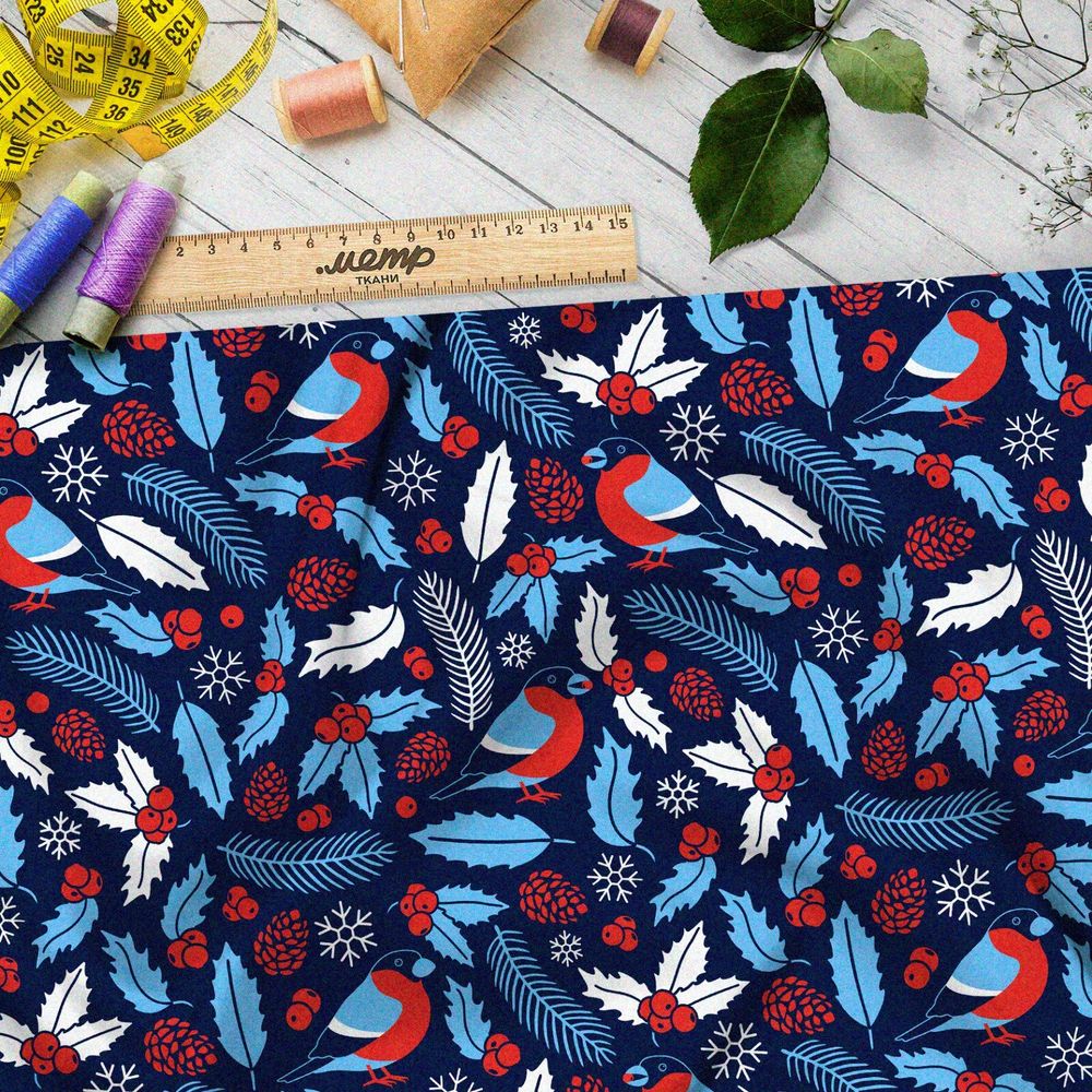 Ткань оксфорд 600 голубые снегири и листья с шишками на синем фоне