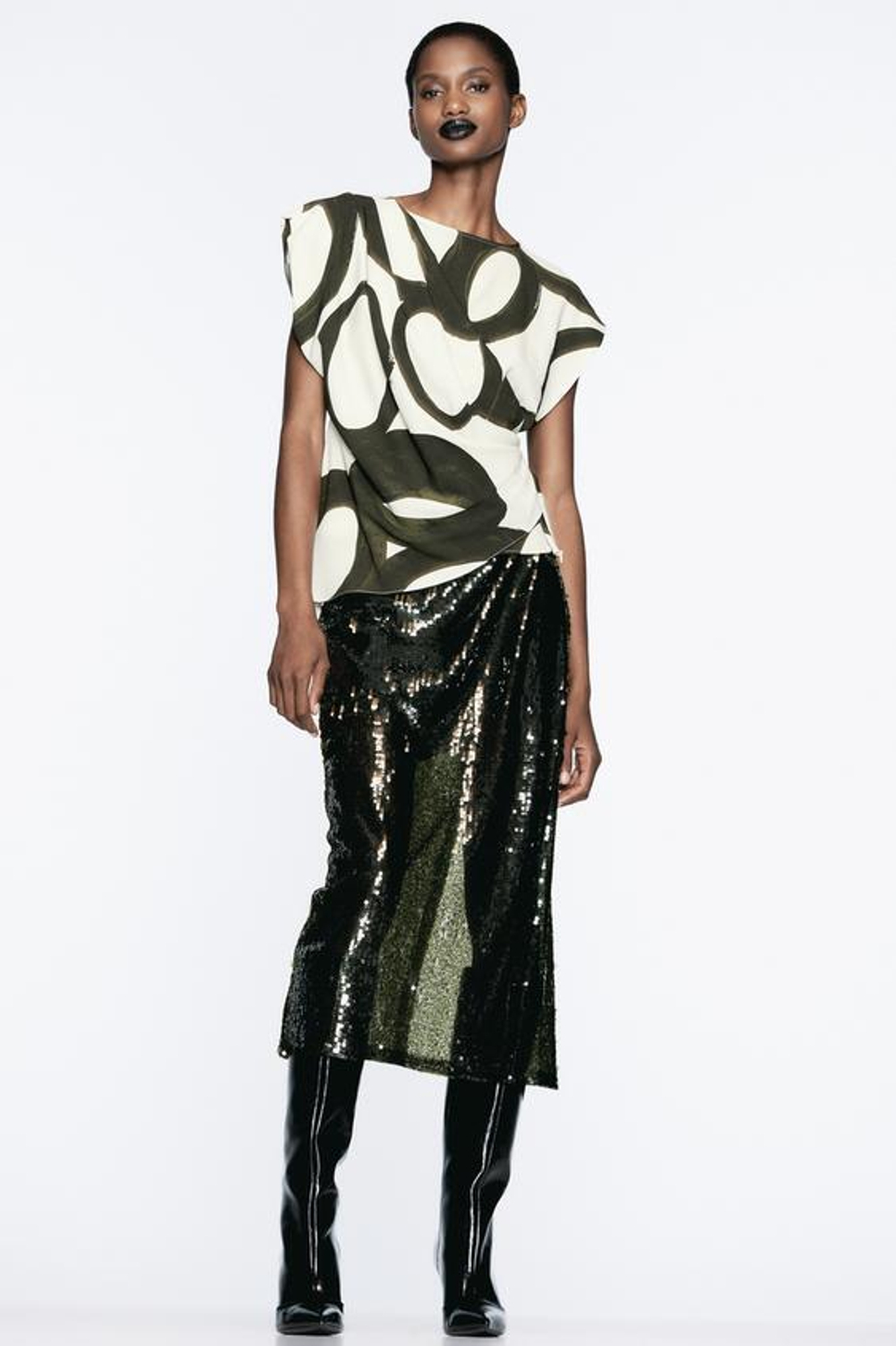 ZARA ТОП С ПРИНТОМ, ЗЕЛЕНЫЙ/ЭКРЮ