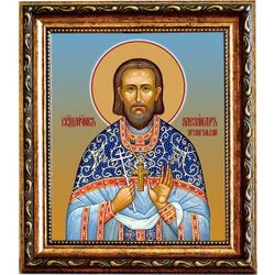Александр Архангельский, священномученик, пресвитер. Икона на холсте. В раме 15 х 18 см.