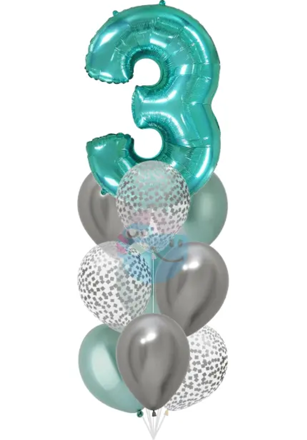 Фонтан c зеленой цифрой «3» из 10 воздушных шаров с гелием