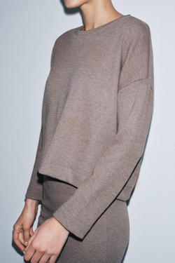 ZARA ТОП ИЗ МЯГКОЙ ТКАНИ С ДЛИННЫМИ РУКАВАМИ, КОРИЧНЕВЫЙ МЕЛАНЖ