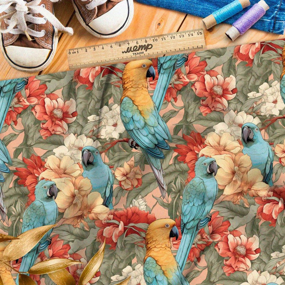 Ткань премиум интерлок попугаи в листве
