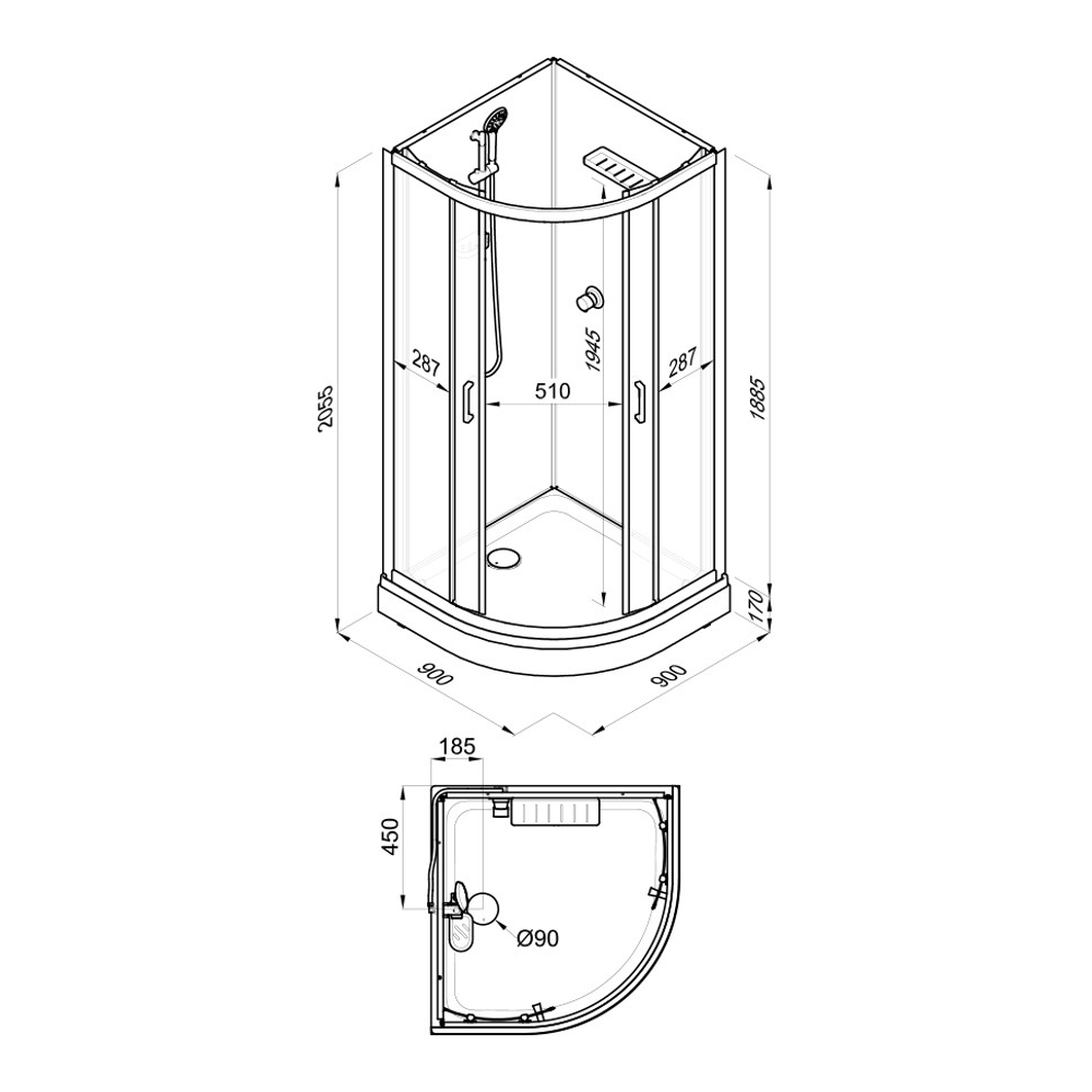 Душевая Кабина Прайм-Блэк 90*90 А без крыши