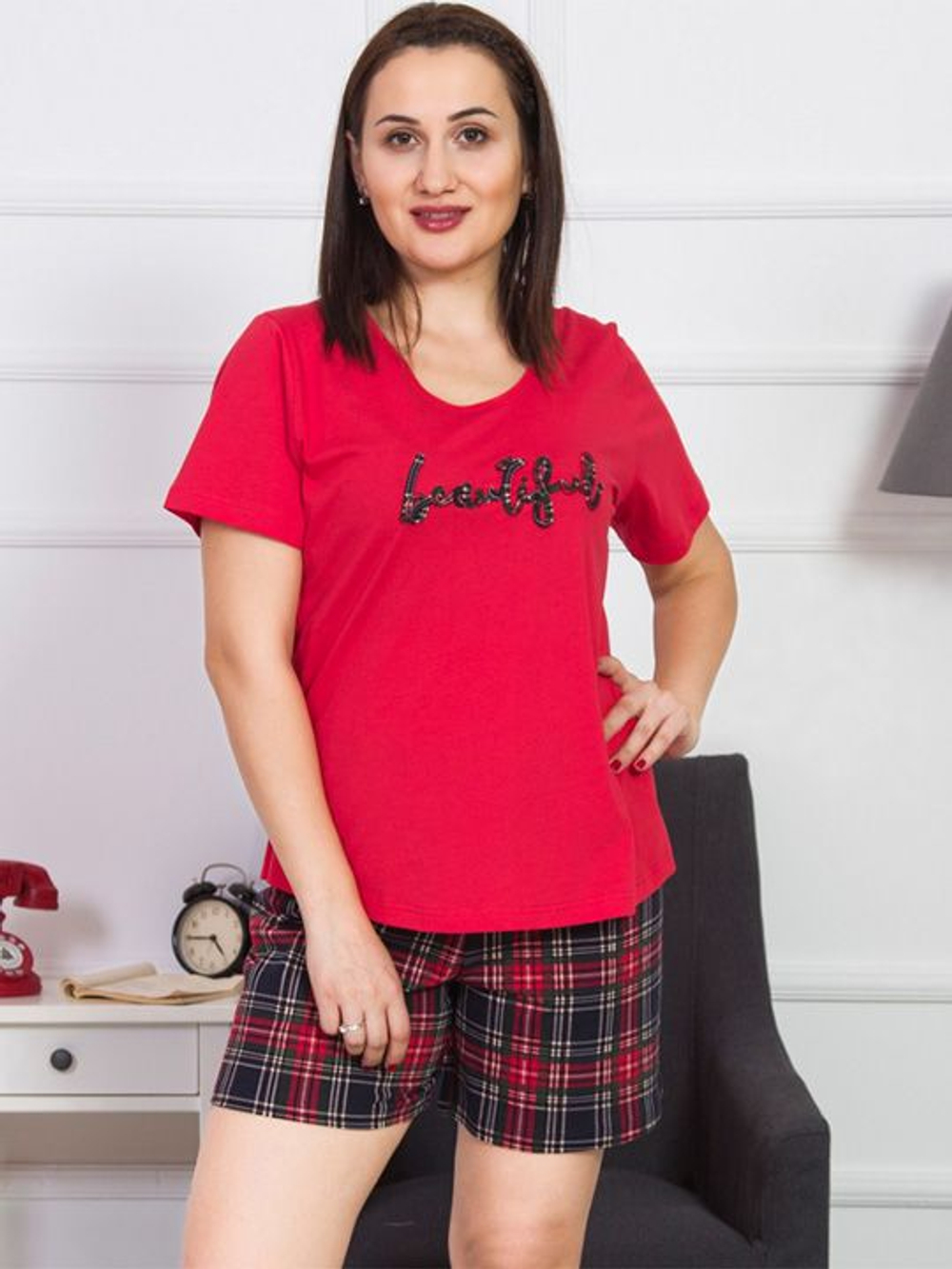 Домашний комплект с клетчатыми шортиками (Размер: XXXL) (Цвет: красный)