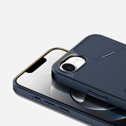 Чехол синего цвета с MagSafe и подставкой-картхолдером от Dux Ducis для iPhone 16e, серия Rafi II Mag Series