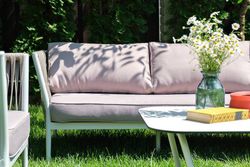 "Касабланка" диван 3-местный плетеный из роупа, каркас алюминий белый муар, роуп бежевый 20мм, ткань бежевая 052