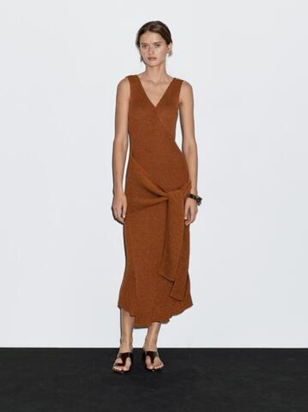 Massimo Dutti Длинное трикотажное платье внахлест, черепичный