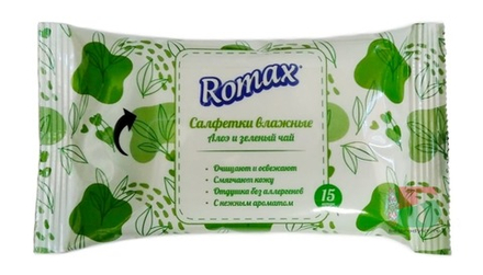 Салфетки влажные с ароматом Алоэ и зеленого чая 15шт. Romax
