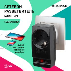 Разветвитель электрический ЭРА SP-1e-USB-B на 1 розетку + 2 USB с заземлением 16А черный
