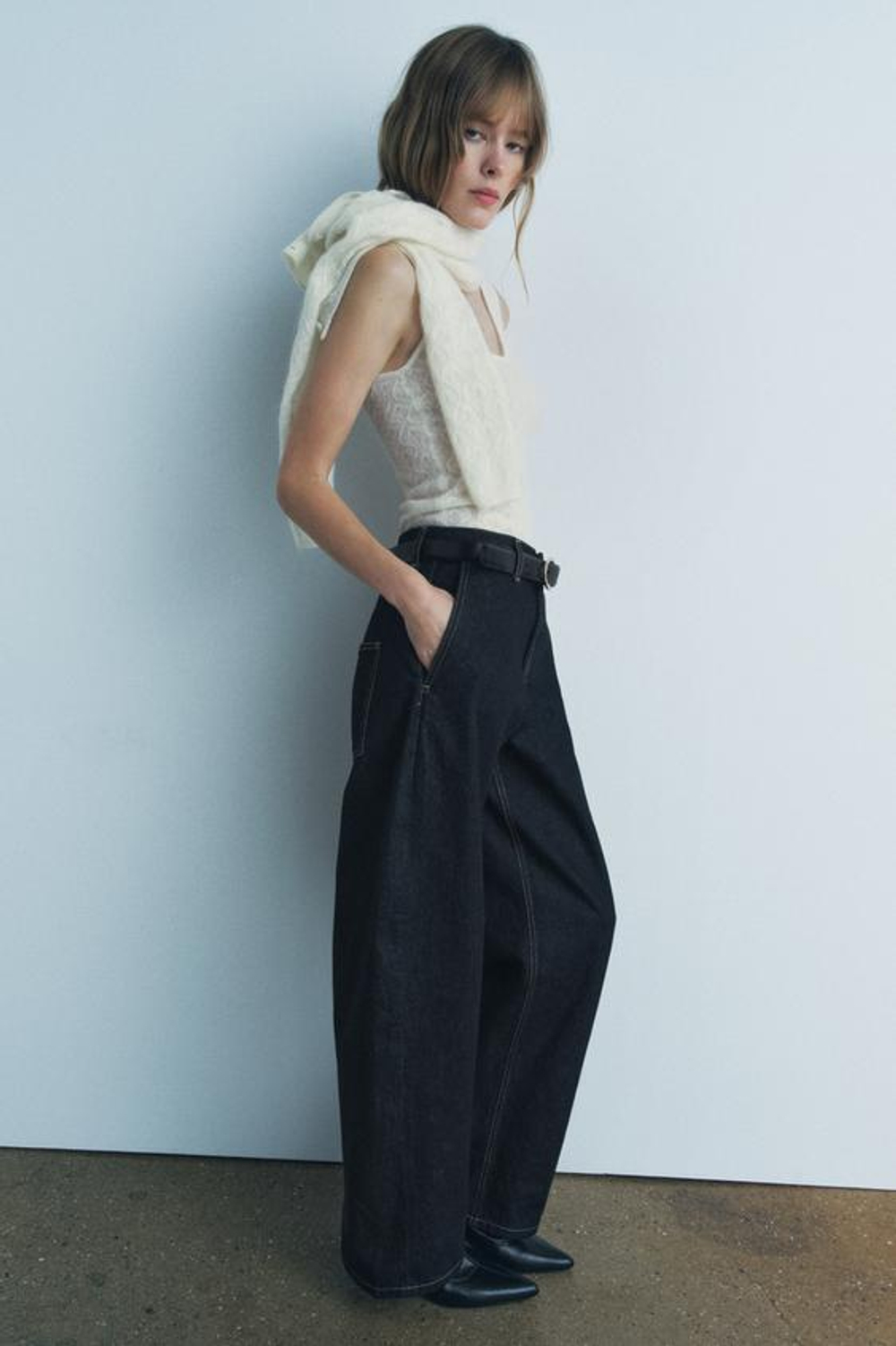 ZARA ТОП ИЗ ШЕРСТИ И АЛЬПАКИ С АЖУРНЫМ УЗОРОМ, БЕЛЫЙ