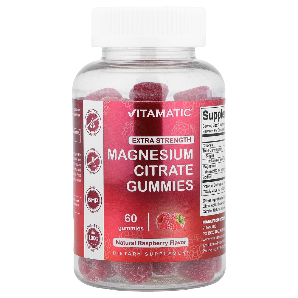 Vitamatic, жевательные таблетки с цитратом магния, со вкусом натуральной малины, 60 жевательных таблеток