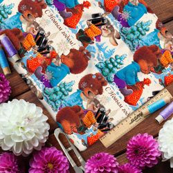 Ткань кулирная гладь игрушечные мишка и зайка с маленькими ёлочками