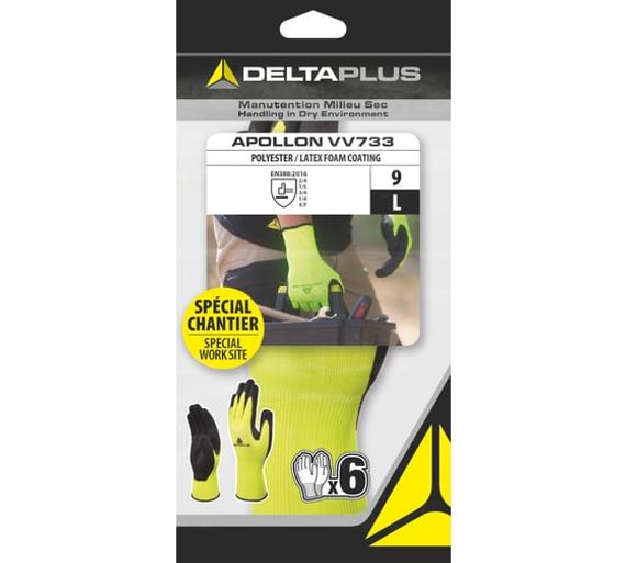 Перчатки APOLLON VV733 трикотажные бесшовные с эластичной манжетой с латексным покрытием Delta Plus VV733OR10