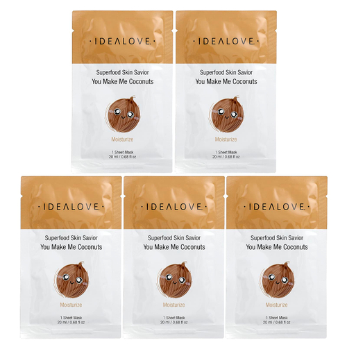 Idealove, Superfood Skin Savior, маска для лица с суперфудами, кокос, 5 шт. по 20 мл (0,68 жидк. унции)