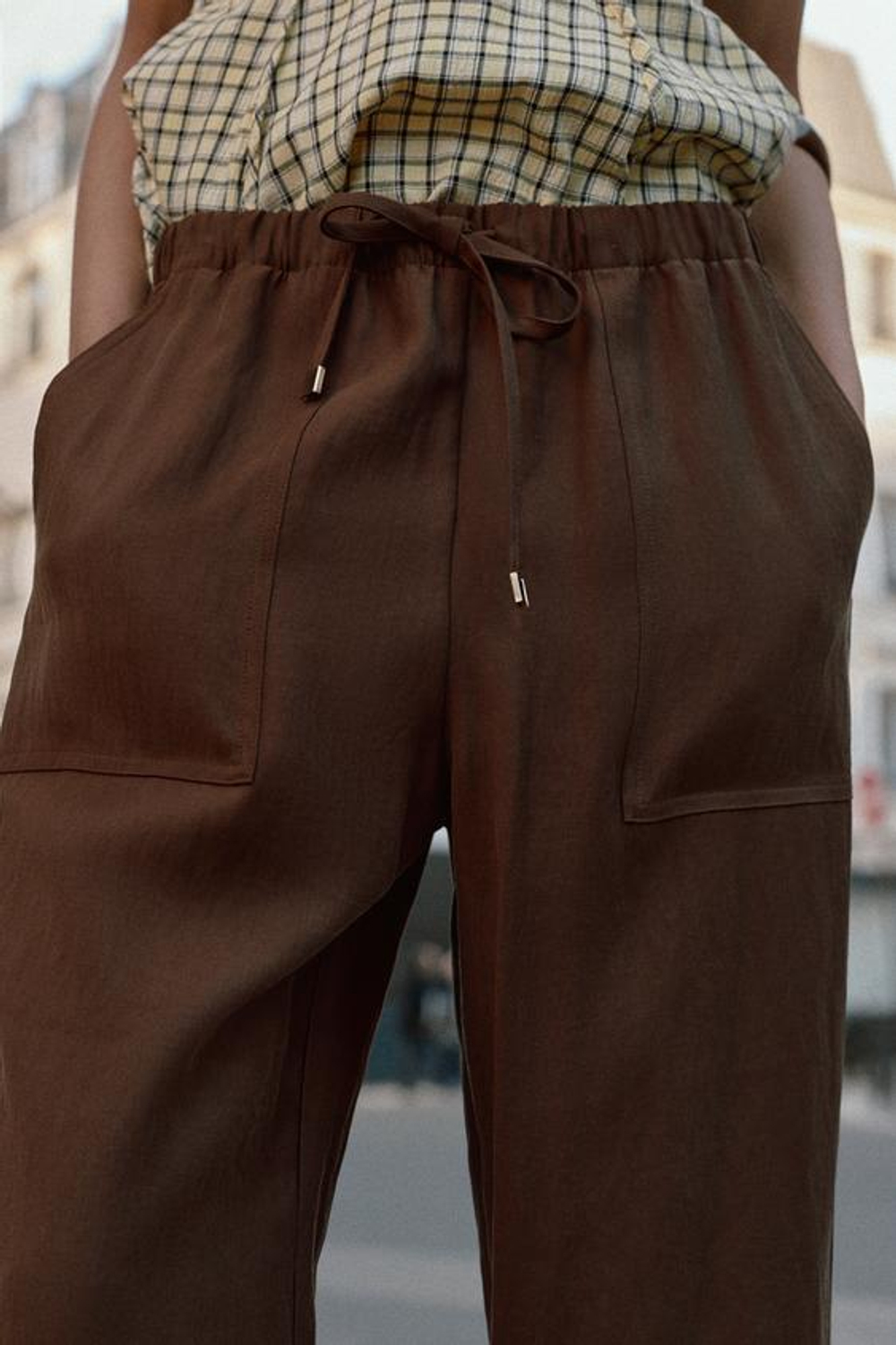 ZARA БРЮКИ С ЭЛАСТИЧНЫМ ПОЯСОМ, КОРИЧНЕВЫЙ