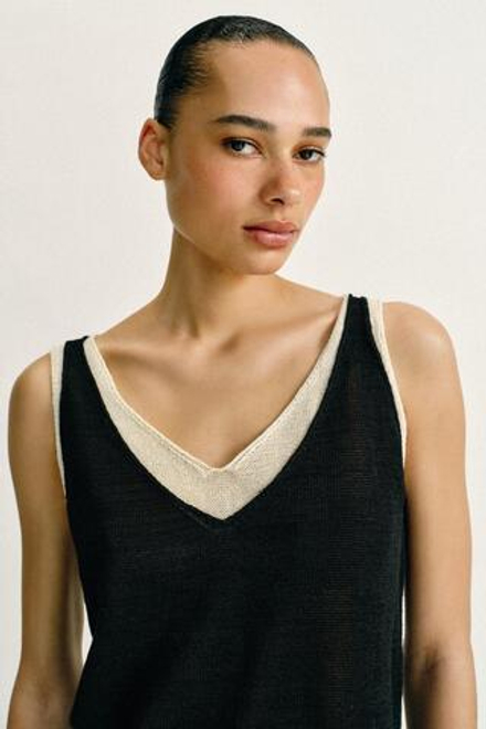 ZARA КОМБИНИРОВАННЫЙ ТРИКОТАЖНЫЙ ТОП, ЧЕРНЫЙ