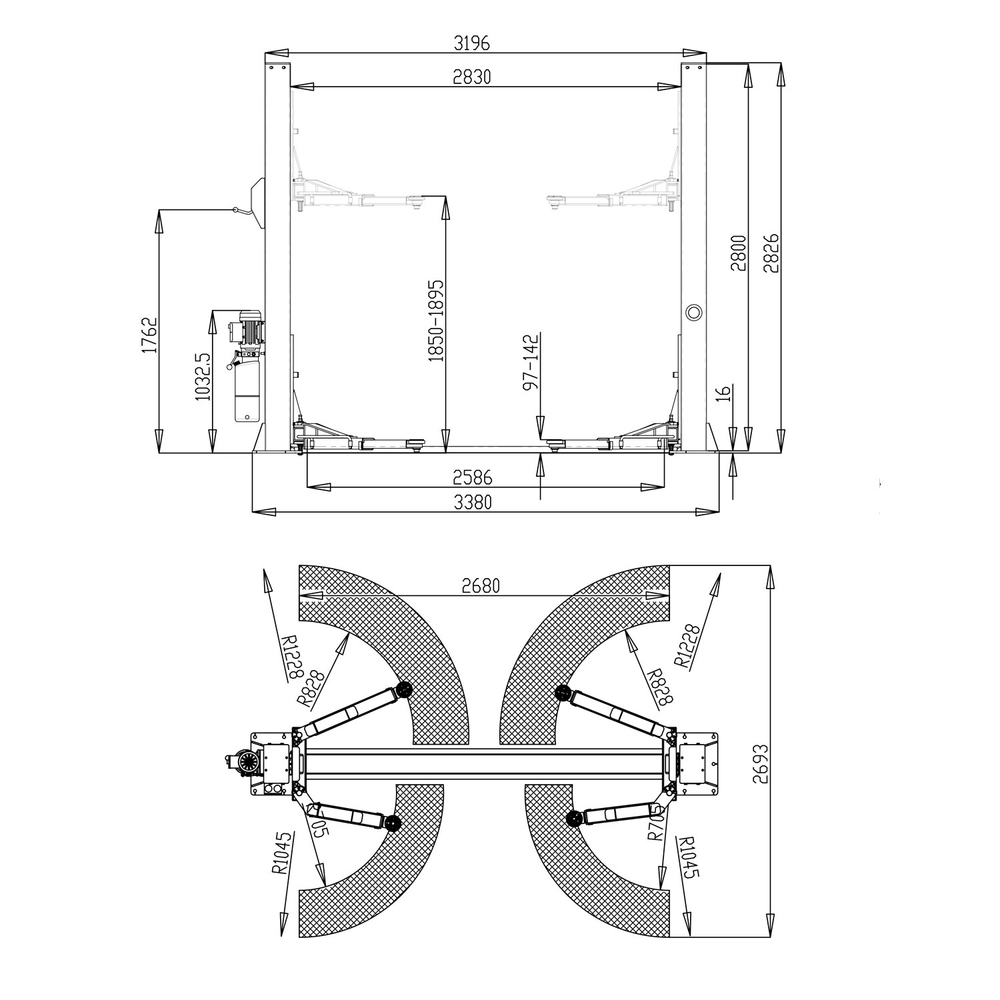Автоподъемник двухстоечный ROSSVIK T4H г/п 4.0т, 380В, электрогидравлический с нижней синхронизацией