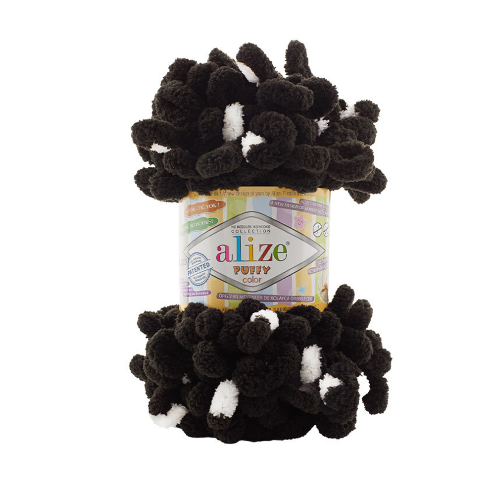 Пуффи колор (Puffy color) пряжа Alize 100%микрополиэстер 5х100г/9 м (6543 черный/ белые пятна)