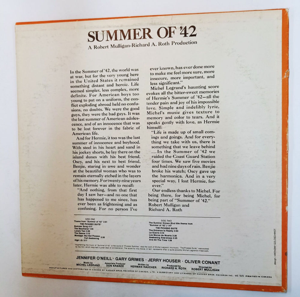 Винтажная виниловая пластинка LP Michel Legrand Summer Of 42 (Канада 1971)