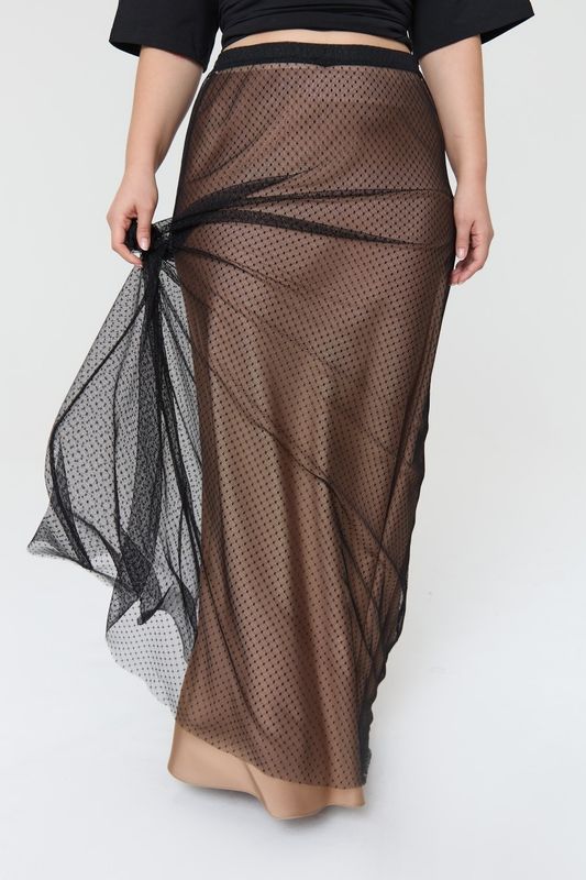 Юбка макси из сетки в мушку, черный