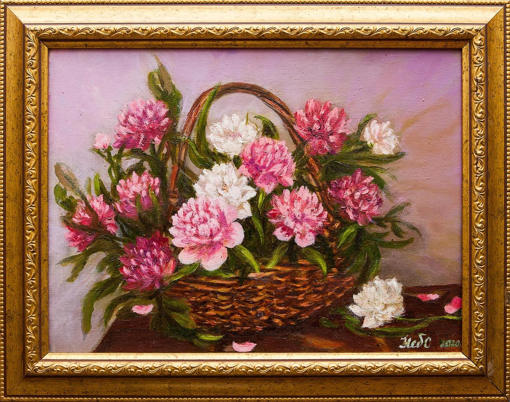 Картина маслом "Корзина пионов" Небылова