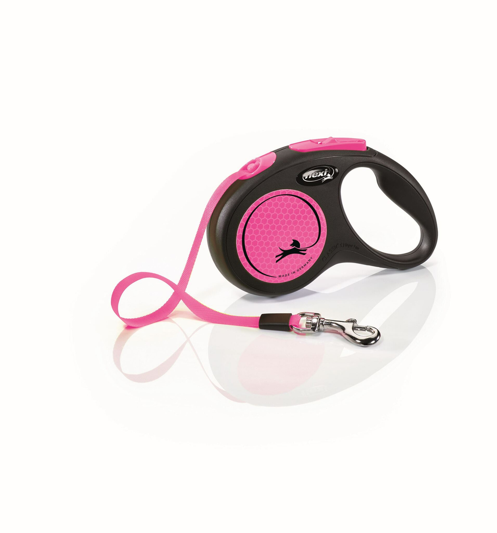 FLEXI Рулетка NEW NEON S ремень 5 м до 15 кг, черный/ неон розовый