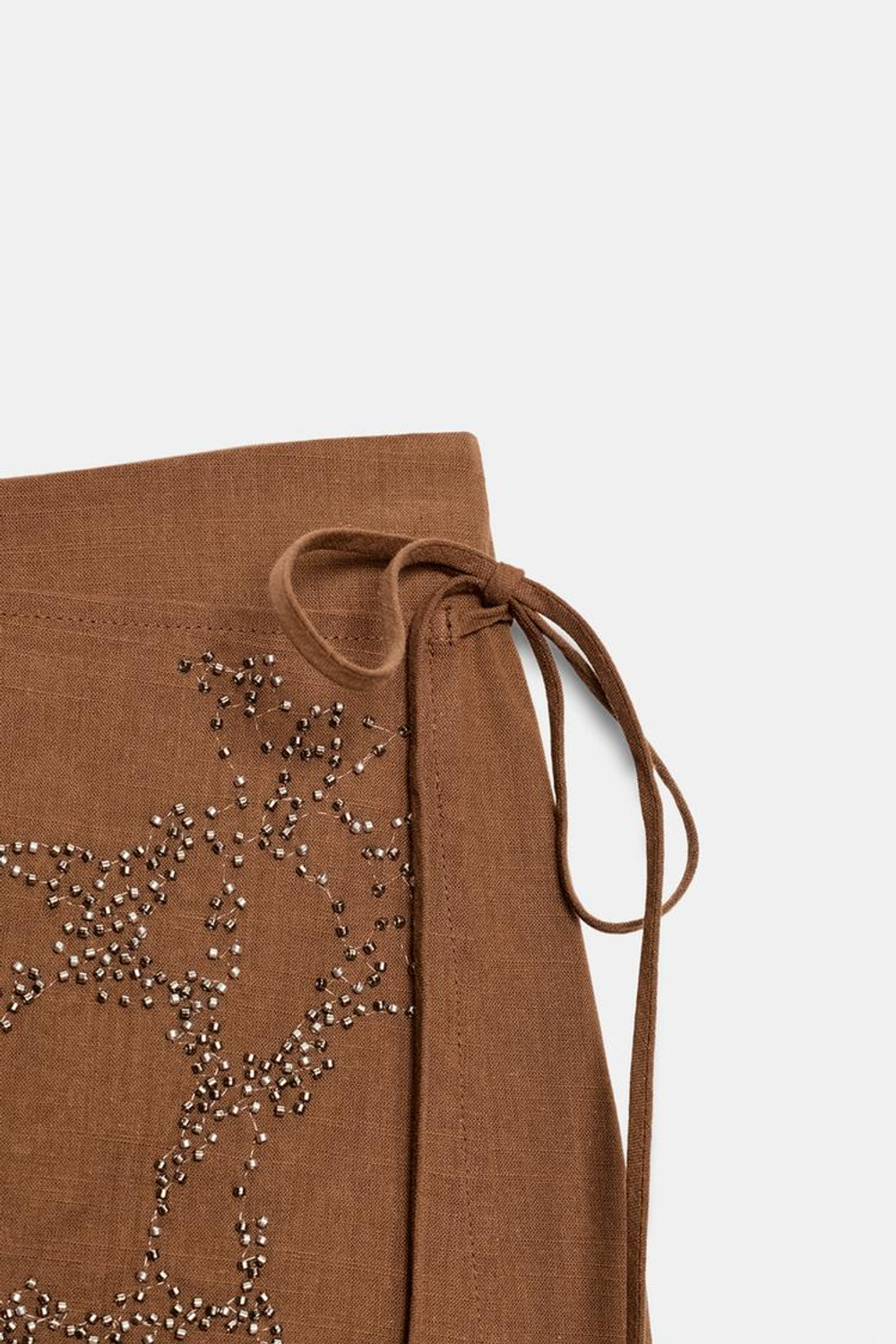ZARA ЮБКА-ШОРТЫ С ЗАВЯЗКАМИ И БУСИНАМИ, КОРИЧНЕВЫЙ