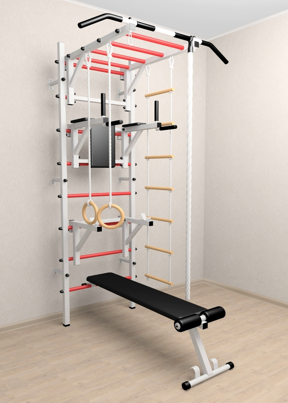 Шведская стенка Sv Sport усиленная 627 (Турник рукоход/Брусья/Стойка/Скамья/Канат/Kольца/Лестница)