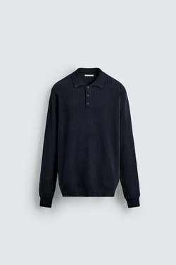 ZARA ПОЛО ИЗ ЖЕМЧУЖНОГО ТРИКОТАЖА, МОРСКОЙ СИНИЙ