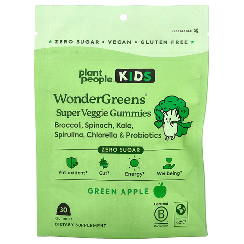 Plant People, Для детей, вегетарианские жевательные мармеладки WonderGreens, зеленое яблоко, 30 жевательных таблеток