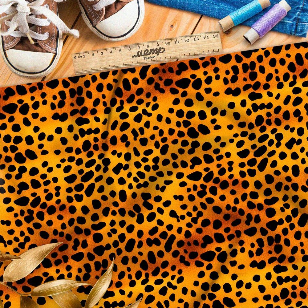 Ткань премиум атлас черные пятна на оранжевом