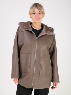 Дубленка зимняя натуральная с капюшоном оверсайз
