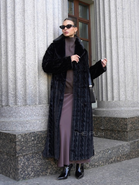 Длинная черная шуба из эко-меха