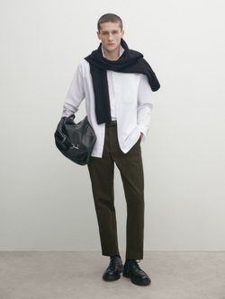 Massimo Dutti Хлопковая рубашка классического кроя в полоску, голубовато-серый