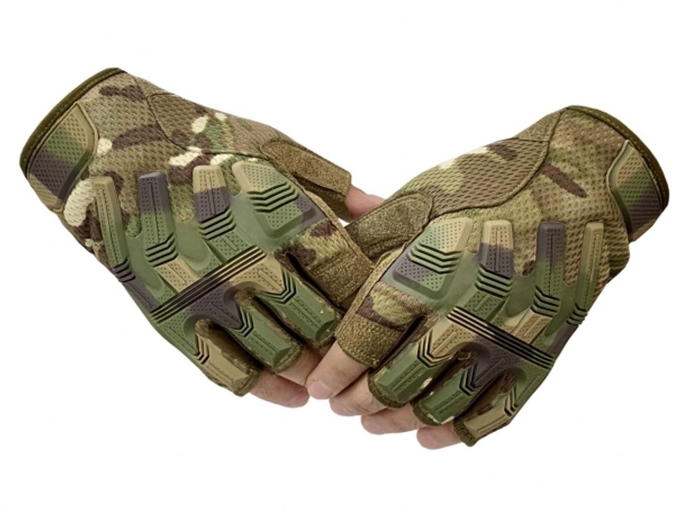 Тактические перчатки беспалые мультикам (резиновая защита)
