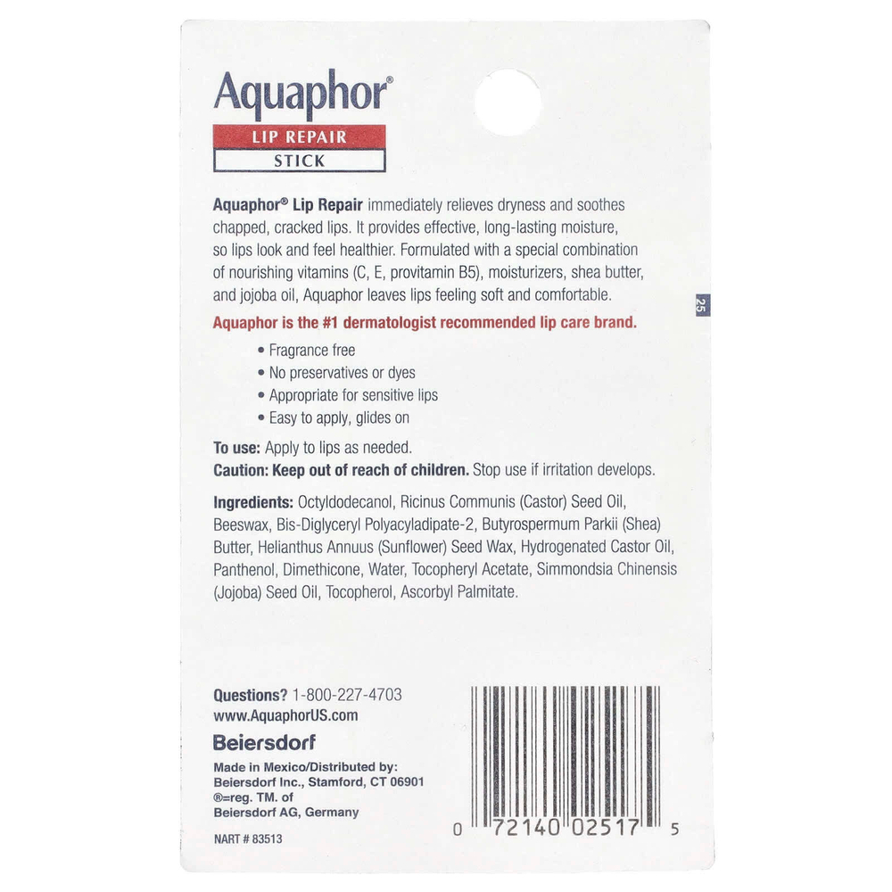 Aquaphor, Lip Repair Stick, Немедленное облегчение, 2 палочки, 0,17 унции (4,8 г)