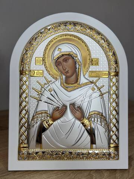 Семистрельная БМ, икона арочная, белое дерево 175х225