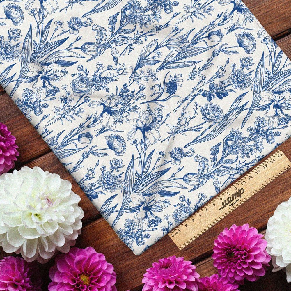 Ткань интерлок цветы голубого и синего оттенка