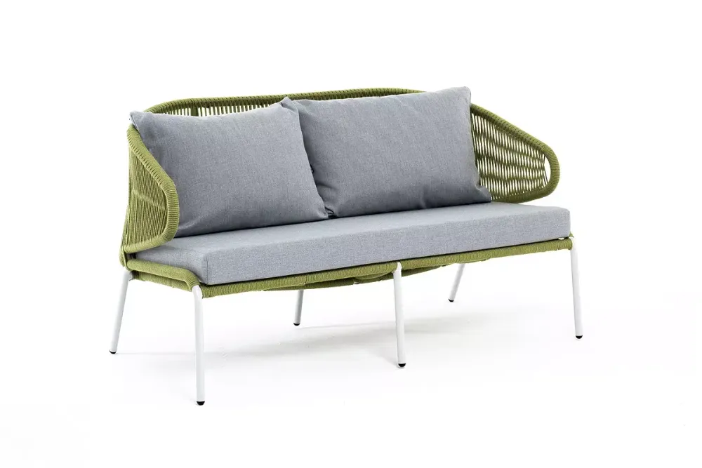 "Милан" диван 2-местный плетеный из роупа, каркас алюминий светло-серый (RAL7035) муар, роуп салатовый меланж круглый, ткань светло-серая
