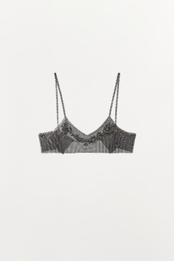 ZARA ТОП-СЕТКА С ЦВЕТАМИ И БУСИНАМИ, СЕРЕБРИСТЫЙ