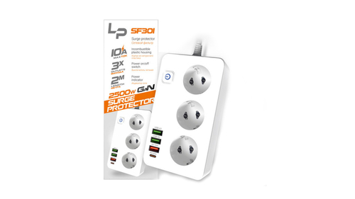 Сетевой фильтр-удлинитель LP SF301 3р 3USB A+C Gan 45W / 10А 2500W 2м (white)