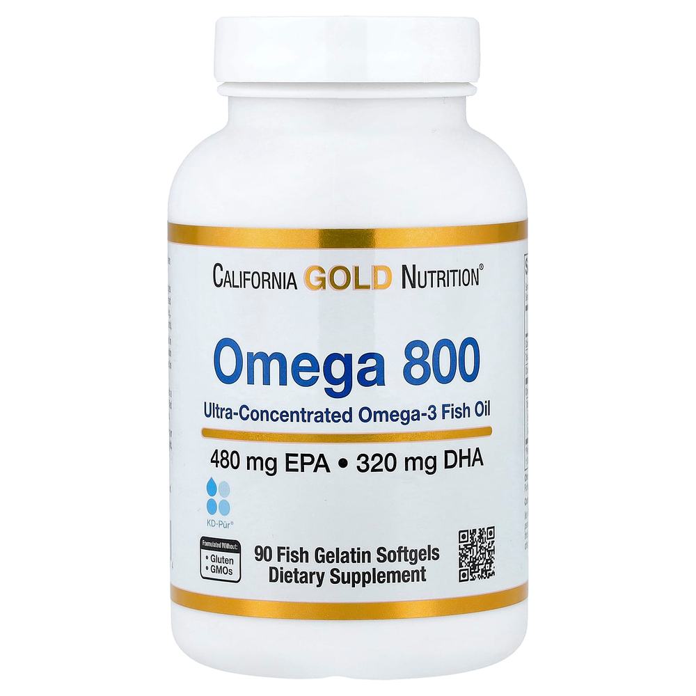 California Gold Nutrition, омега 800, ультраконцентрированный рыбий жир с омега-3, в форме триглицеридов KD-Pur, 90 капсул из рыбьего желатина (1000 мг в 1 капсуле)