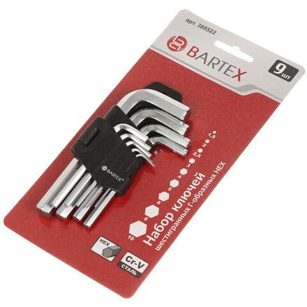 Набор ключей шестигран, 9 пр, Bartex, Г-образный, HEX, AI-2904002, шт