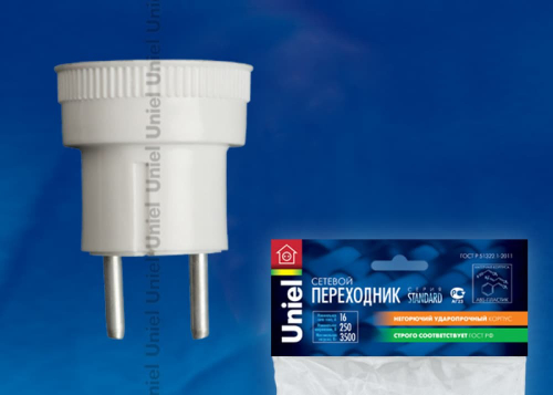 S-ES1-16R Переходник сетевой Uniel, количество розеток – 1, Максимальный ток - 16А, Максимальная мощность нагрузки – 3500Ватт, без заземления, упаковк