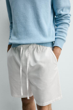 ZARA ШОРТЫ REGULAR FIT ИЗ ХЛОПКА И ЛИОЦЕЛЛА, ЖЕЛТОВАТО-БЕЛЫЙ