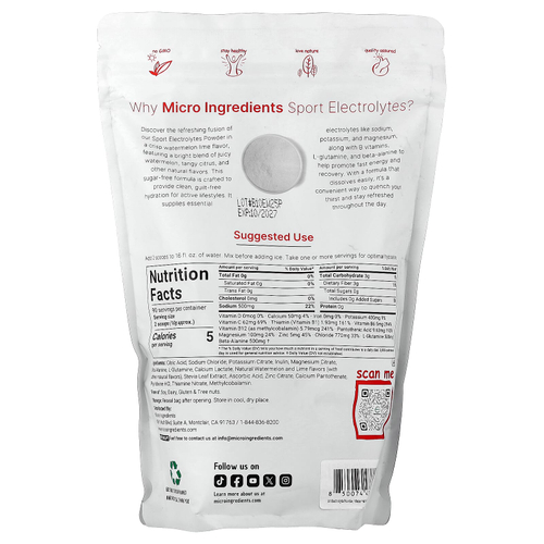 Micro Ingredients, электролиты в порошке, со вкусом арбуза и лайма, 907 г (2 фунта)