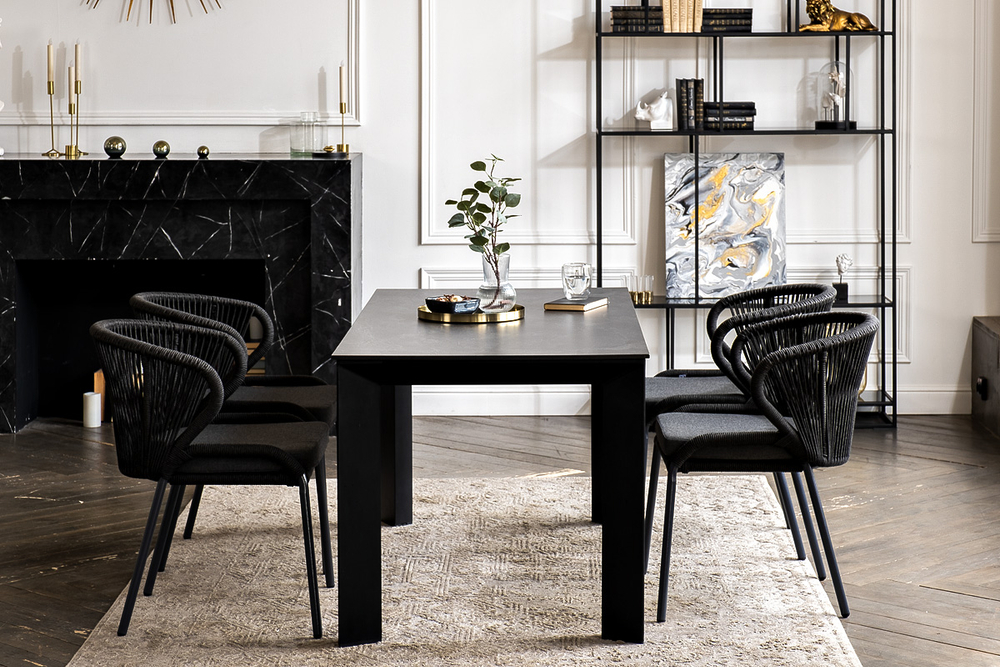 "Венето" обеденная группа на 4 персоны со стульями "Милан", каркас темно-серый, роуп темно-серый