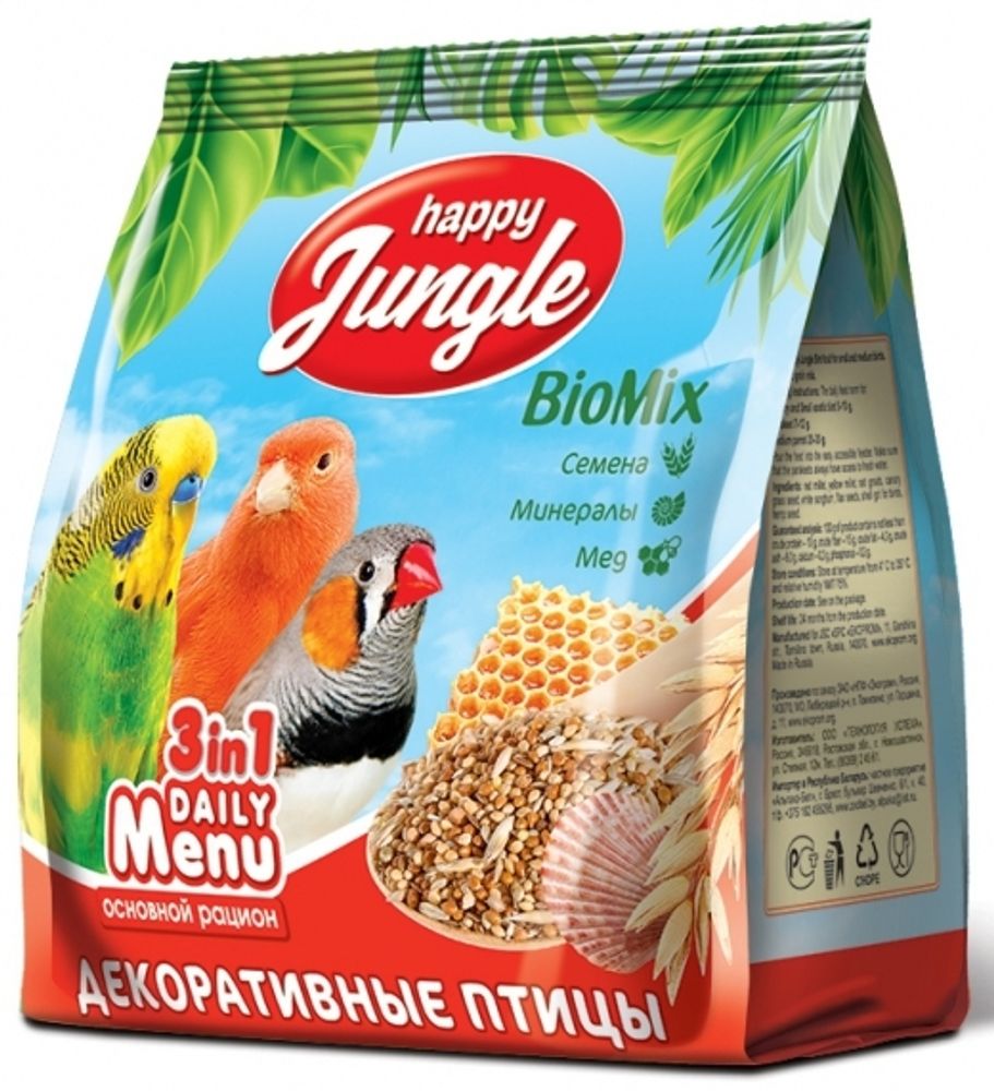 Корм Happy Jungle 3 в 1 BioMix для декоративных птиц, 350 г