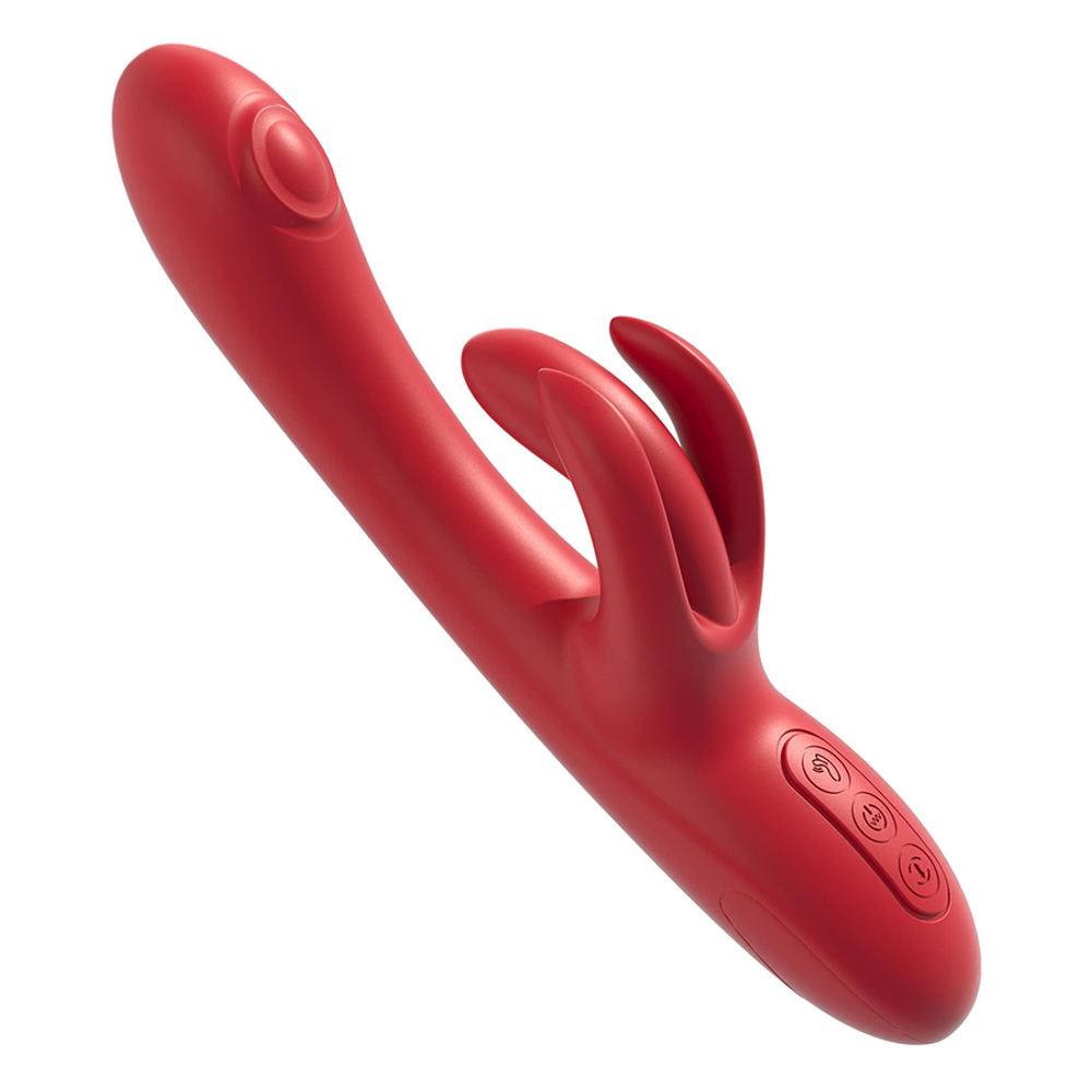Красный вибратор-кролик 25см с боковой пульсацией и подвижными лепестками Amovibe Trio Bliss G-spot Tapping Vibrator with Clit Massaging & Vibration
