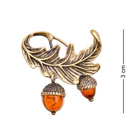 AM-3437 Брошь «Желуди Дуэт» (латунь, янтарь)